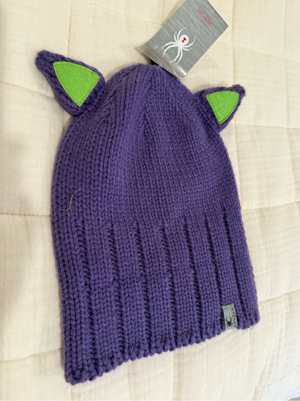 NWT | Spyder Kids One Size Ski Beanie Knit Cat Ear Purple and Green - Picture 15 of 16
